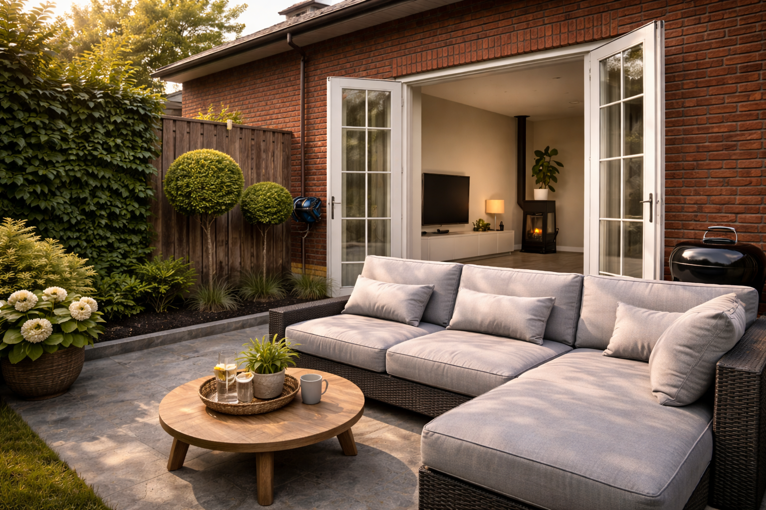 Nederlandse woning met uitbouw en tuin